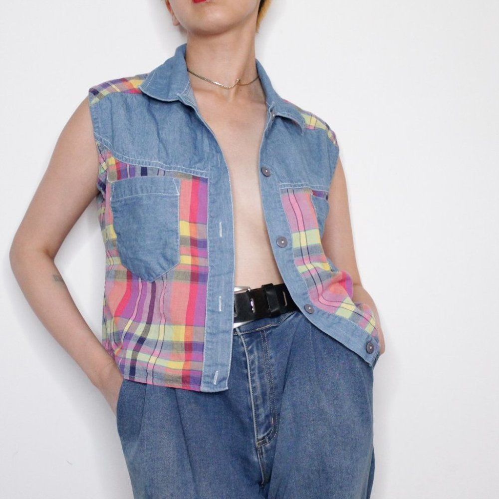 Women's Plaid Denim Sleeveless Top Size S